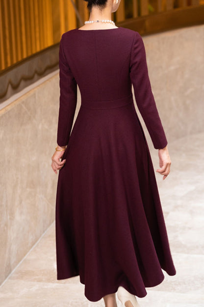 Burgundy Wool Midi Dress - Fitted Waist with Scalloped Neckline TT0187