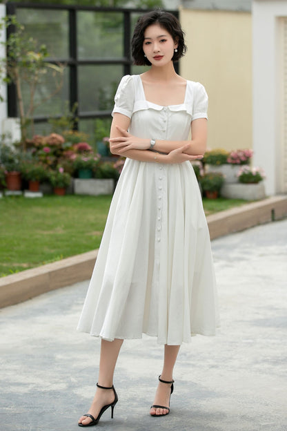 White Linen Midi Swing Dress - Square Neckline with Puff Sleeves 5980