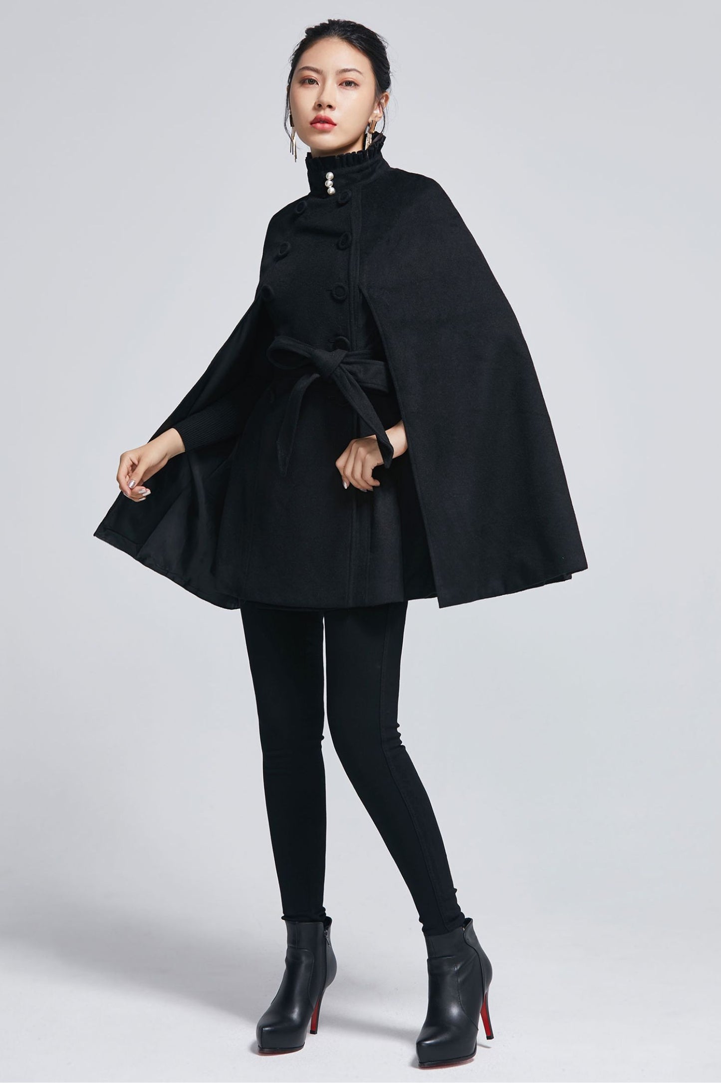 Black wool cape coat with self tie belt 2278