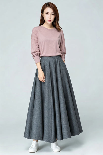 Grey Wool Blend Maxi Swing Skirt-High Waist Pleated Long Skrit 7012