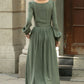 Army Green Swing  Maxi Linen Dress 5678