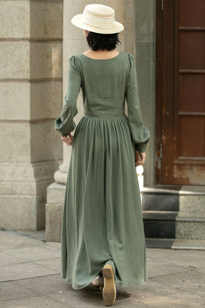 Army Green Linen Cotton Maxi Dress - Pleated Waist and Lantern Sleeves 5678