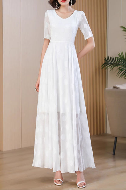 White Chiffon Maxi Dress - Flowy Polka Dot V-Neck 5052
