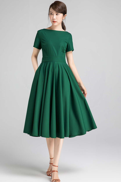 Green Linen Fit and Flare Dress - Pockets and Boat Neck 2337