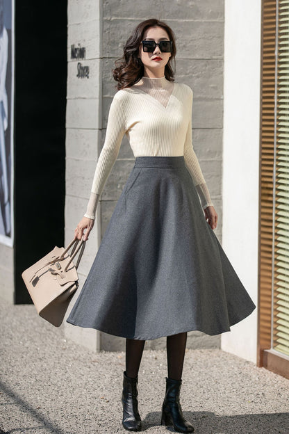 Gray Wool Midi Skirt - Flowy A-Line Winter Elegance 4130
