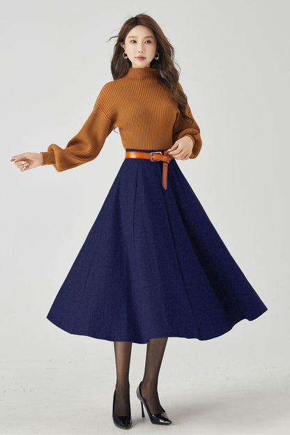 Navy Wool High-Waisted Circle Skirt - Elegant Flowy Silhouette 5443