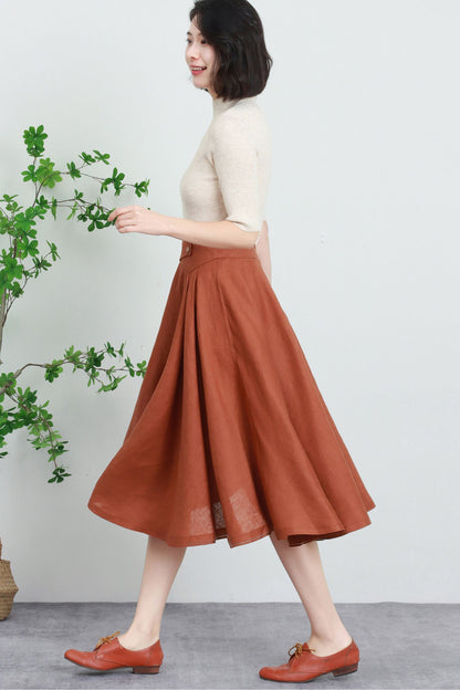 Rust Linen A-Line Midi Skirt - Flowing Circle Hem with Waist Buttons 5730