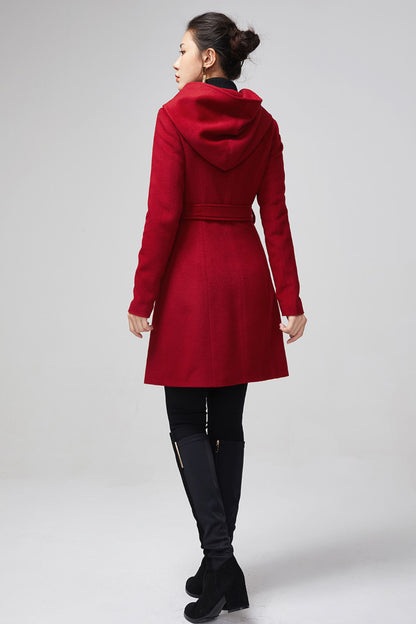 Red Wool Coat - Hooded Double Breasted Tie Waist 5612