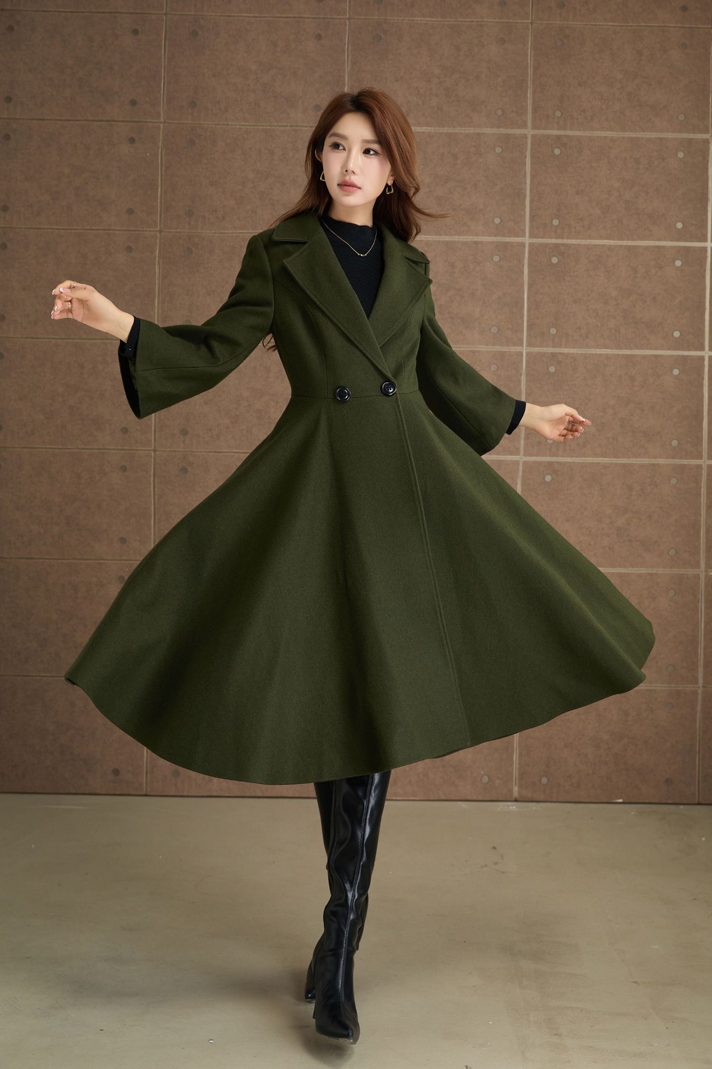 Green princess long winter wool coat 5364