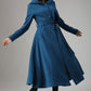 Vintage Teal Blue Wool Coat – Handmade Hooded Belted Winter Overcoat | Xiaolizi 739