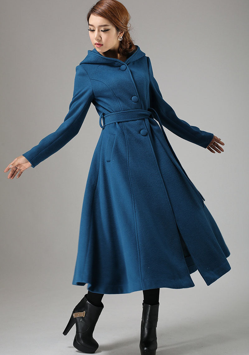 Vintage Teal Blue Wool Coat – Handmade Hooded Belted Winter Overcoat | Xiaolizi 739