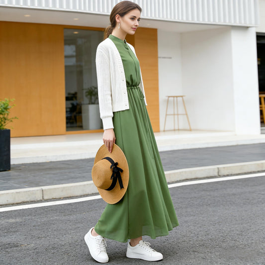 Soft Green Chiffon Dress with Tie Waist and Flowing Shape | Xiaolizi 6770