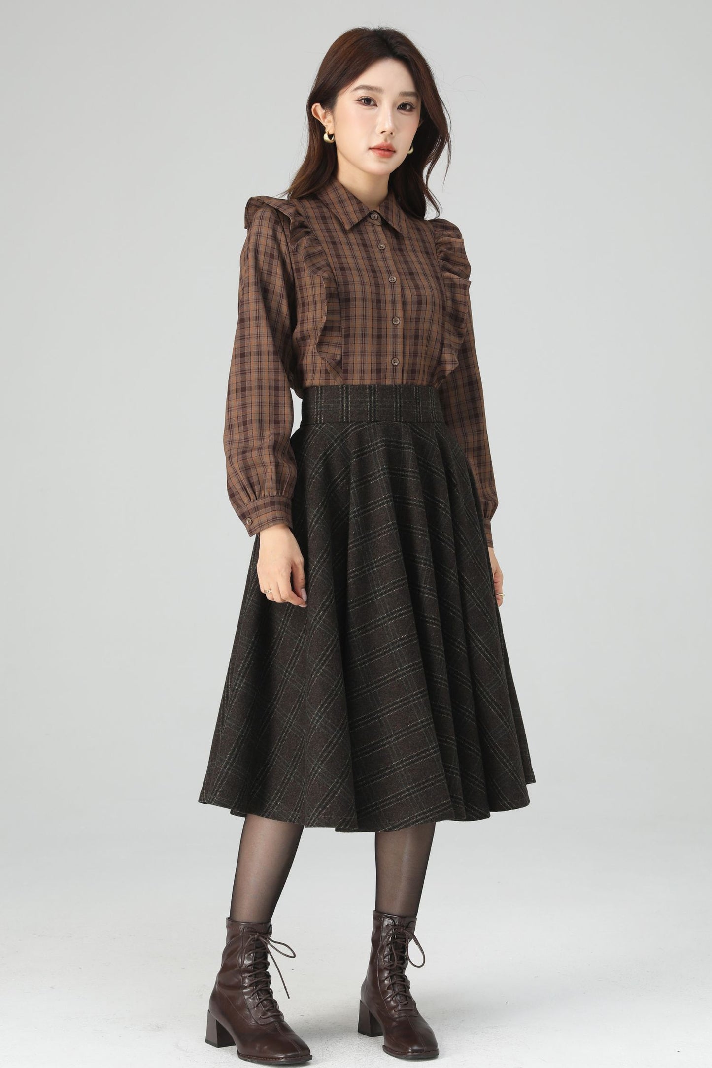 Brown Polyester Plaid Shirt - Relaxed Fit with Scalloped Details 6399