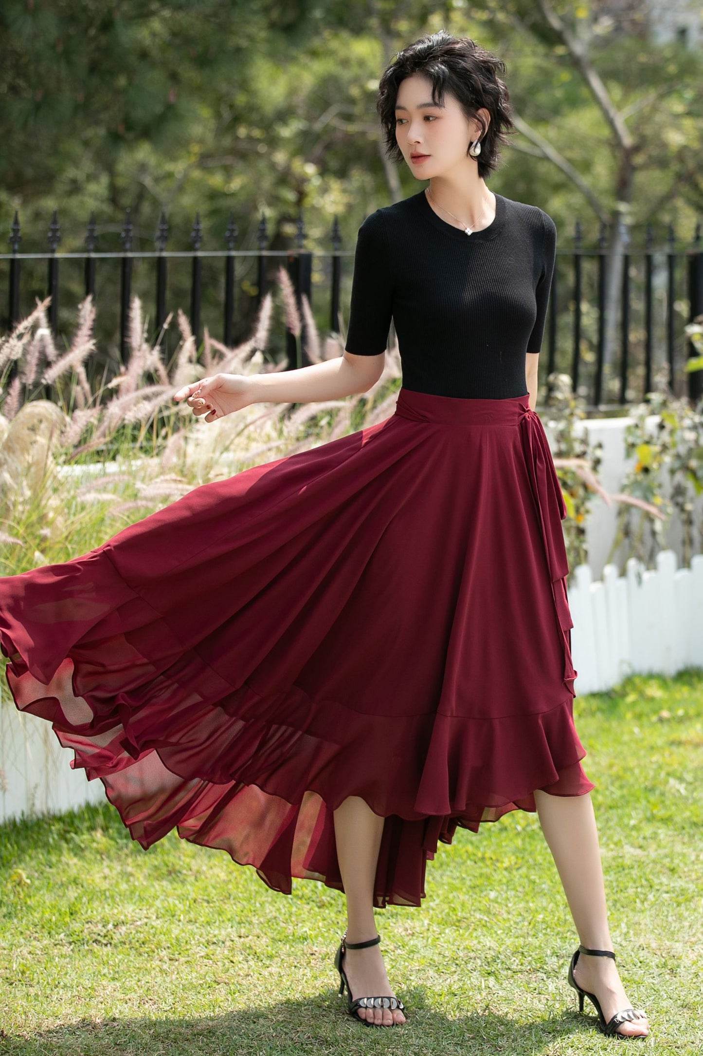 Chiffon Wrap Midi Skirt with Asymmetric Ruffle Hem | Xiaolizi 6742