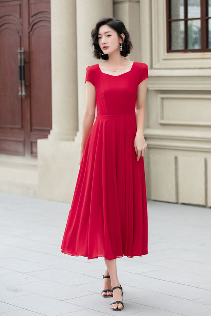 Red Chiffon Midi Dress - Fit and Flare with Sweetheart Neckline 5176