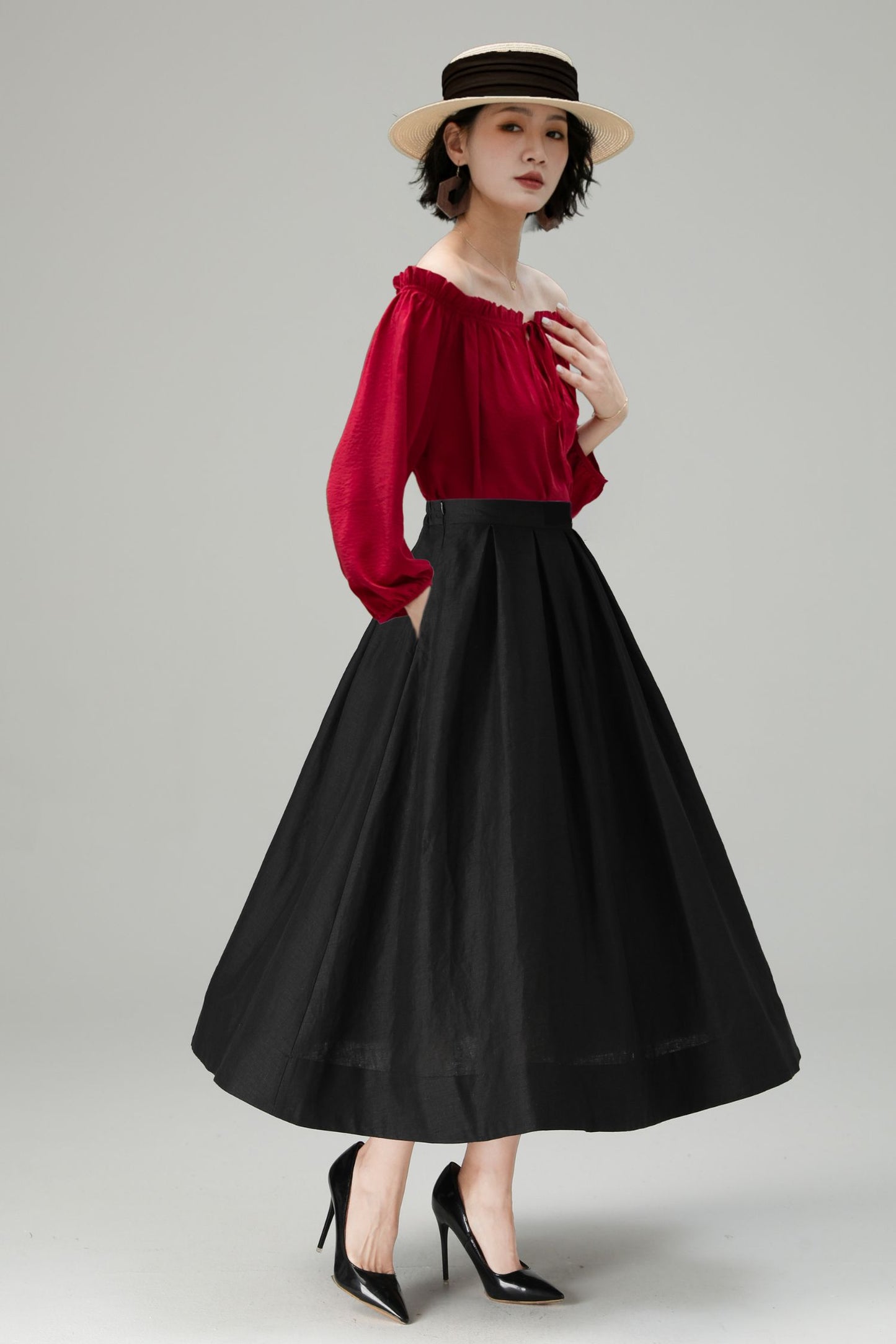 Black Linen Midi Skirt - High Waist A-Line | Xiaolizi 6716