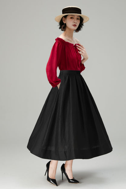 Black Linen Midi Skirt - High Waist A-Line | Xiaolizi 6716