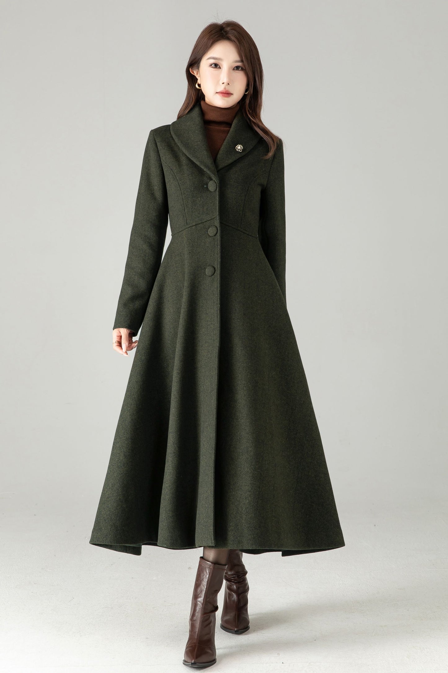 Army Green Herringbone Wool Coat – Elegant A-Line Maxi Winter Coat | Xiaolizi 6574