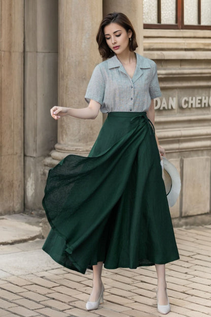 Green Linen Wrap Maxi Skirt - A-Line Flowy Silhouette 5748