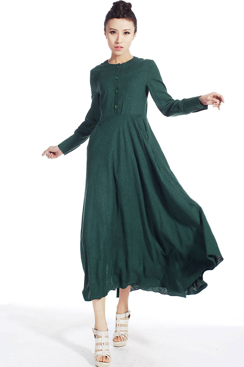 casual dress woman Maxi linen dress long sleeve dress in dark green (505)