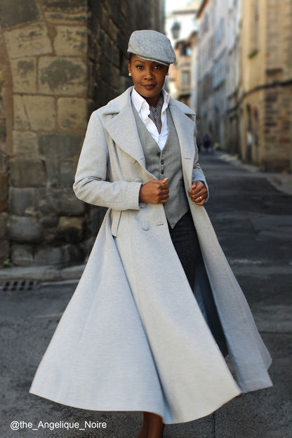 Vintage Gray Wool Coat – Elegant Double-Breasted Fit and Flare Winter Overcoat 2406