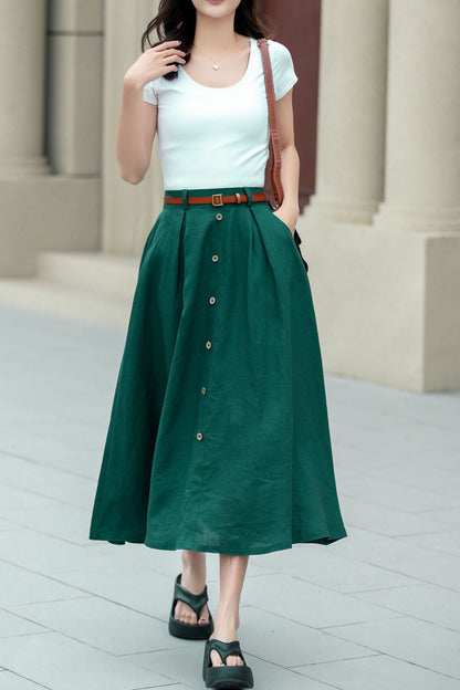 Green Linen A-Line Midi Skirt - Button Front Detail 4967