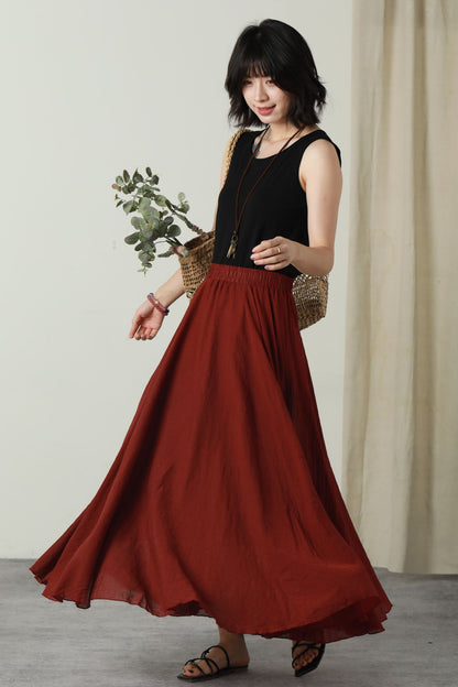 Maxi burgundy swing long linen skirt women 6175