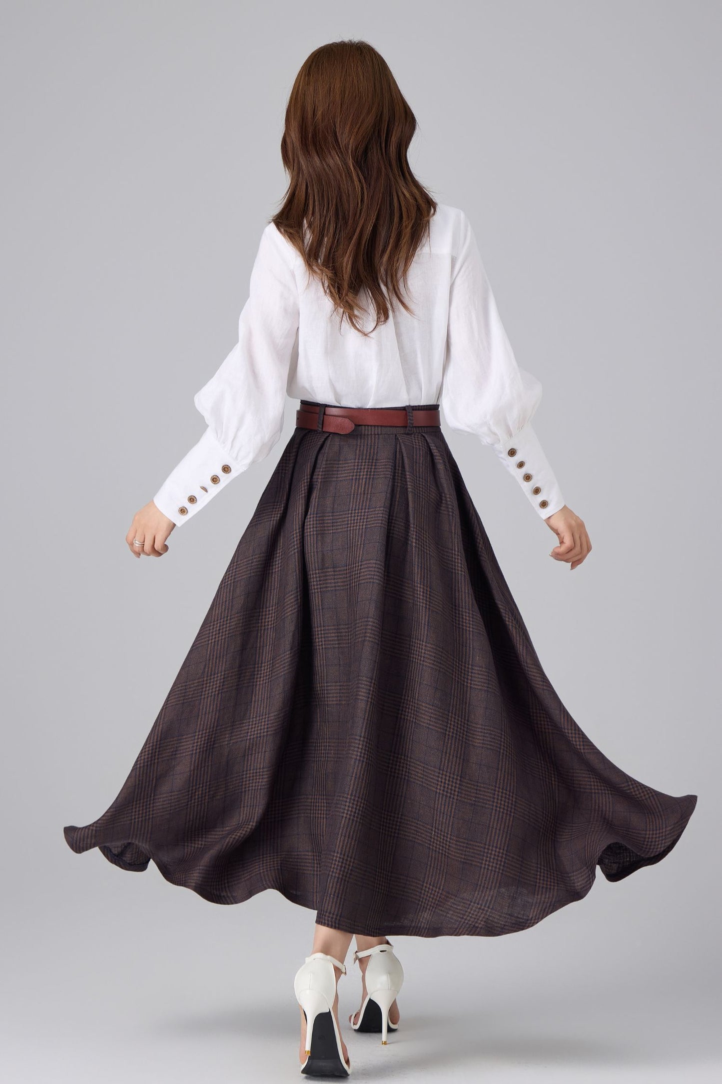 Brown Linen Cotton Skirt - Plaid High Waist | Xiaolizi 6756