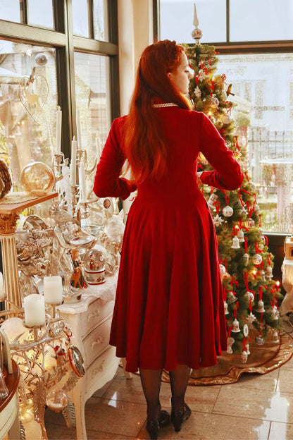 Burgundy Wool Winter Dress - Fit & Flare Long Sleeve | Xiaolizi 4837