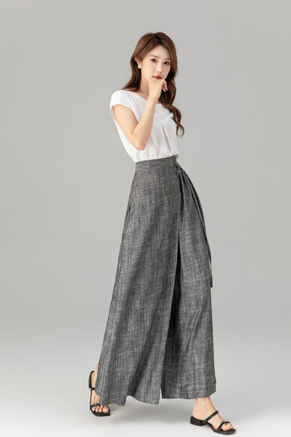 Gray Linen Cotton Wide Leg Wrap Pants - Asymmetrical Ankle | Xiaolizi 4938
