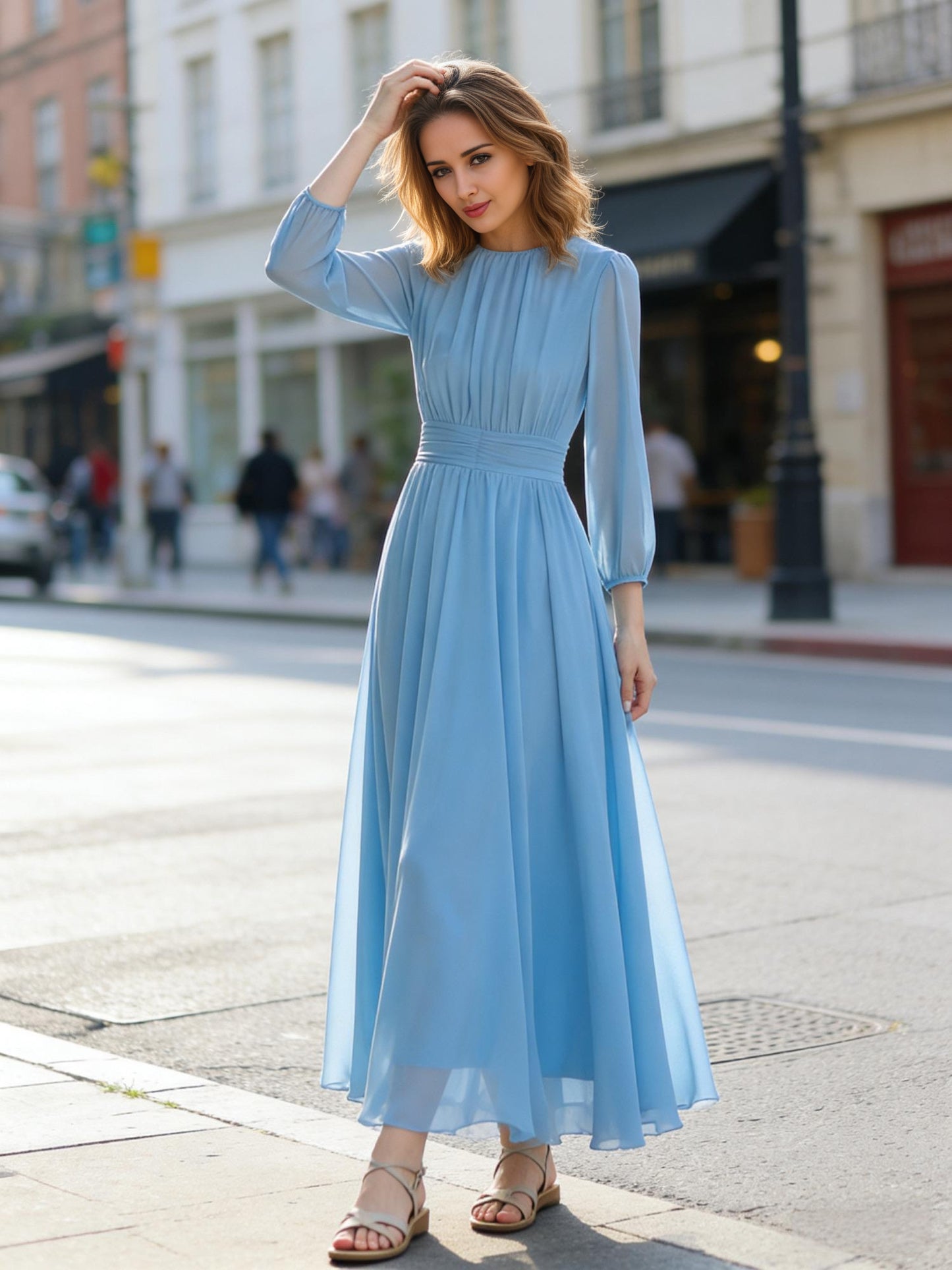 Blue Chiffon Midi Dress – Elegant Long Sleeve Style | Xiaolizi 6769