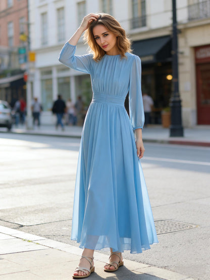 Blue Chiffon Midi Dress – Elegant Long Sleeve Style | Xiaolizi 6769
