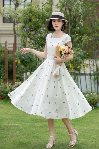 White Linen Fit and Flare Dress - Embroidered, Square Neckline 5203