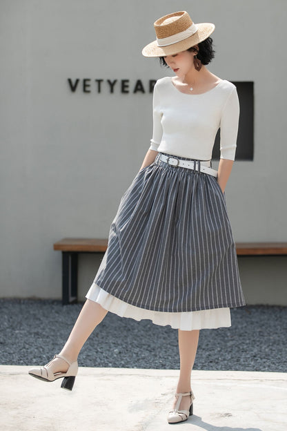 Xiaolizi Striped Linen Midi Skirt – Handmade High Waisted A-Line Summer Skirt 6686