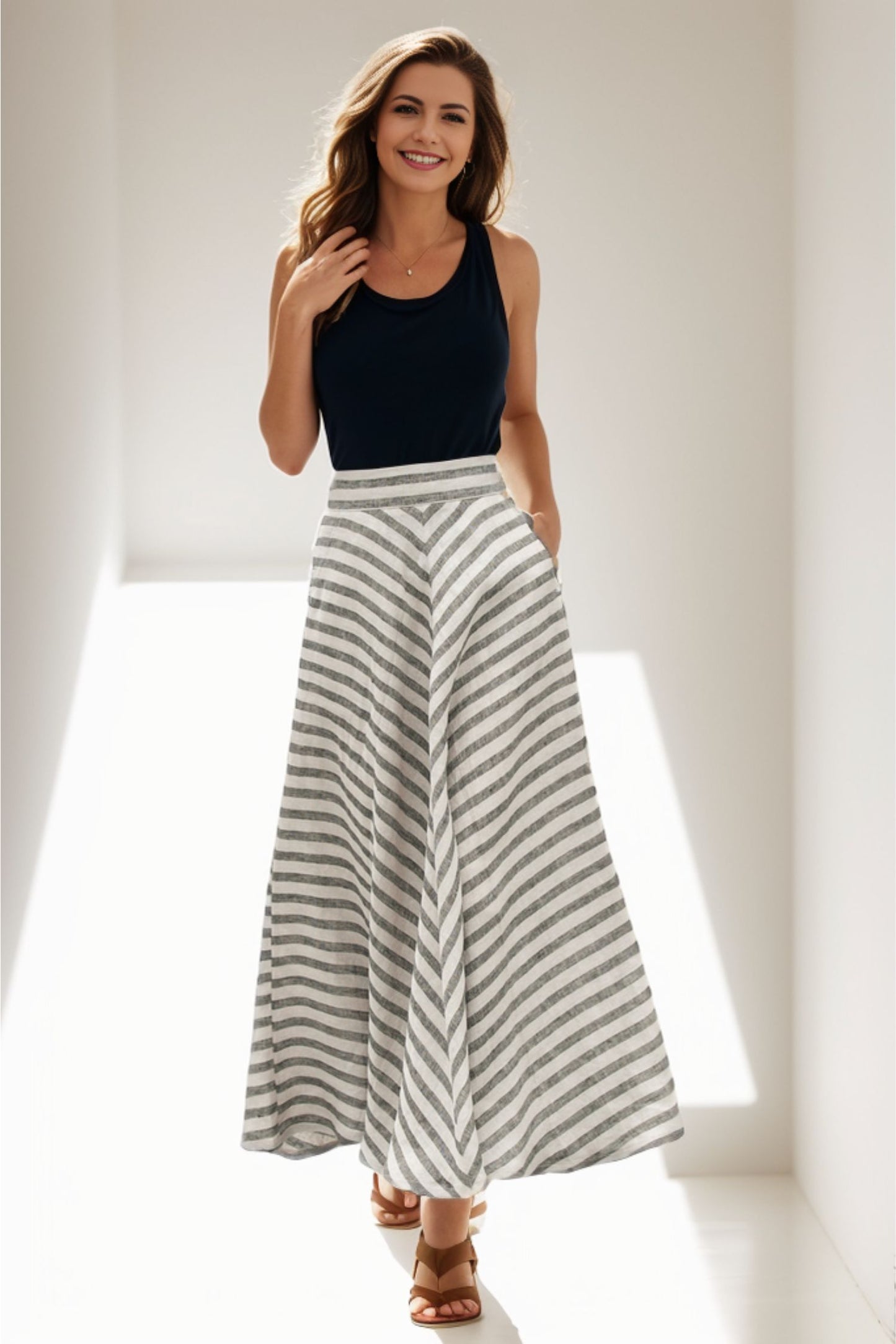 Maxi a line stripled summer linen skirt 5120