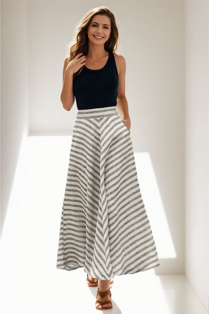 Striped Linen Maxi Skirt - A-Line Flowy High Waist 5120
