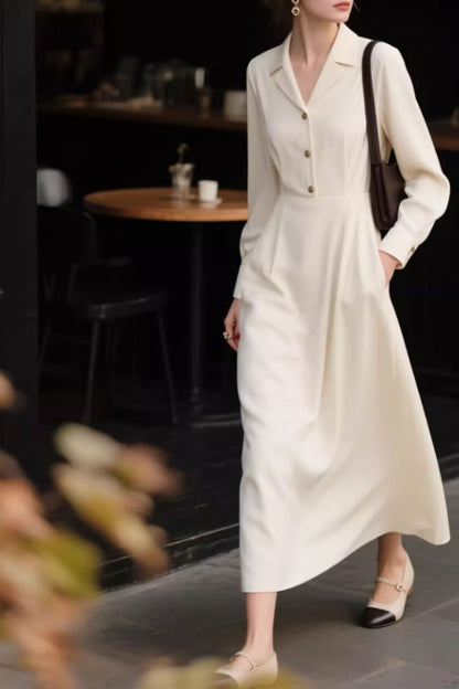 White Shirt Dress – Elegant Long Button Front Midi Dress | Xiaolizi 6643