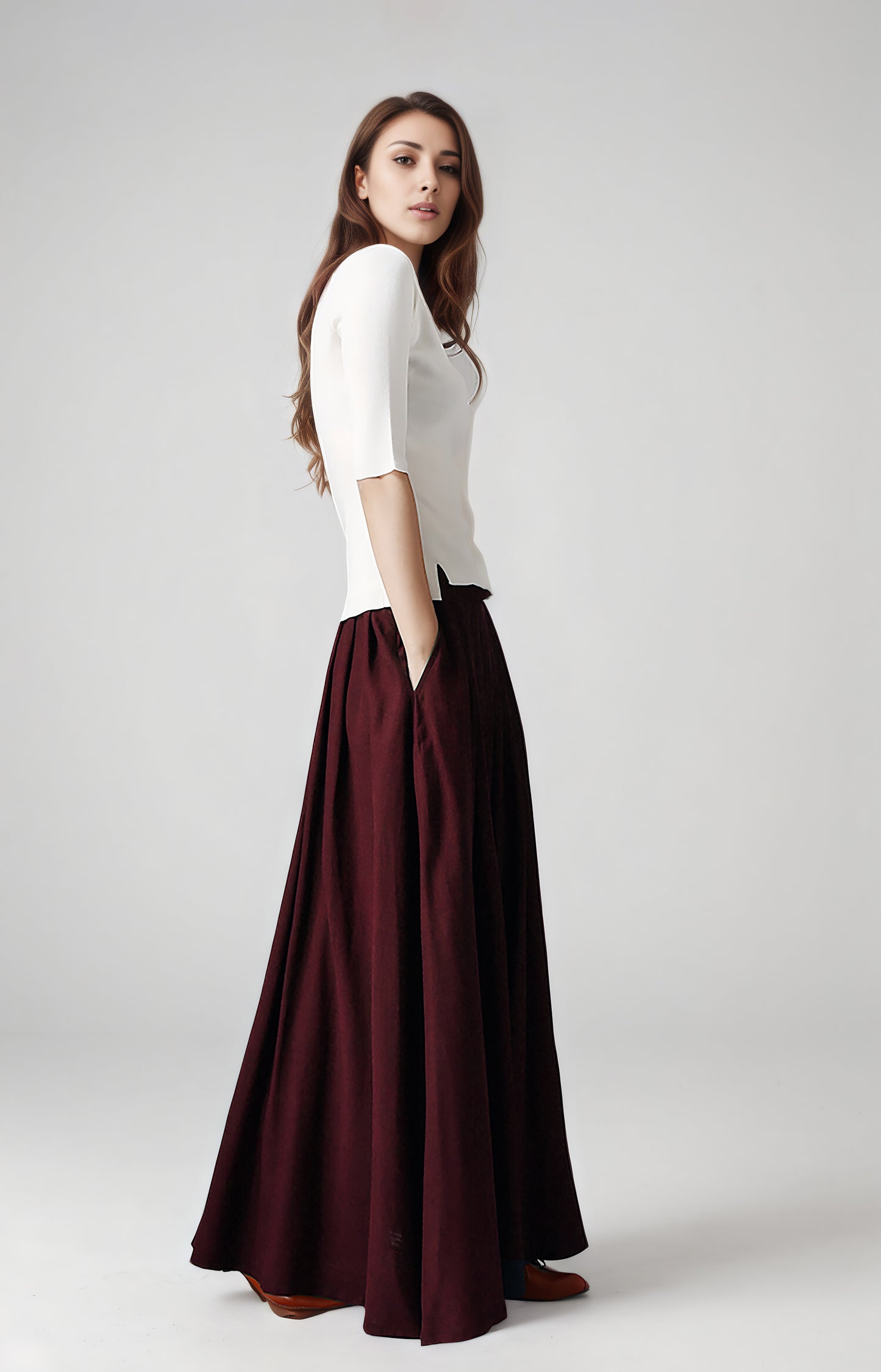 Handmade Burgundy Linen Maxi Skirt – High Waist with Pockets 6749