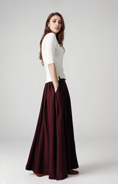 Handmade Burgundy Linen Maxi Skirt – High Waist with Pockets 6749