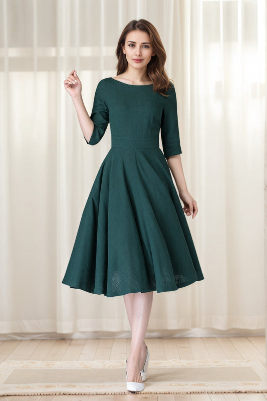 Handmade Dark Green Linen Cotton Midi Dress – Fit & Flare with Pockets 6630