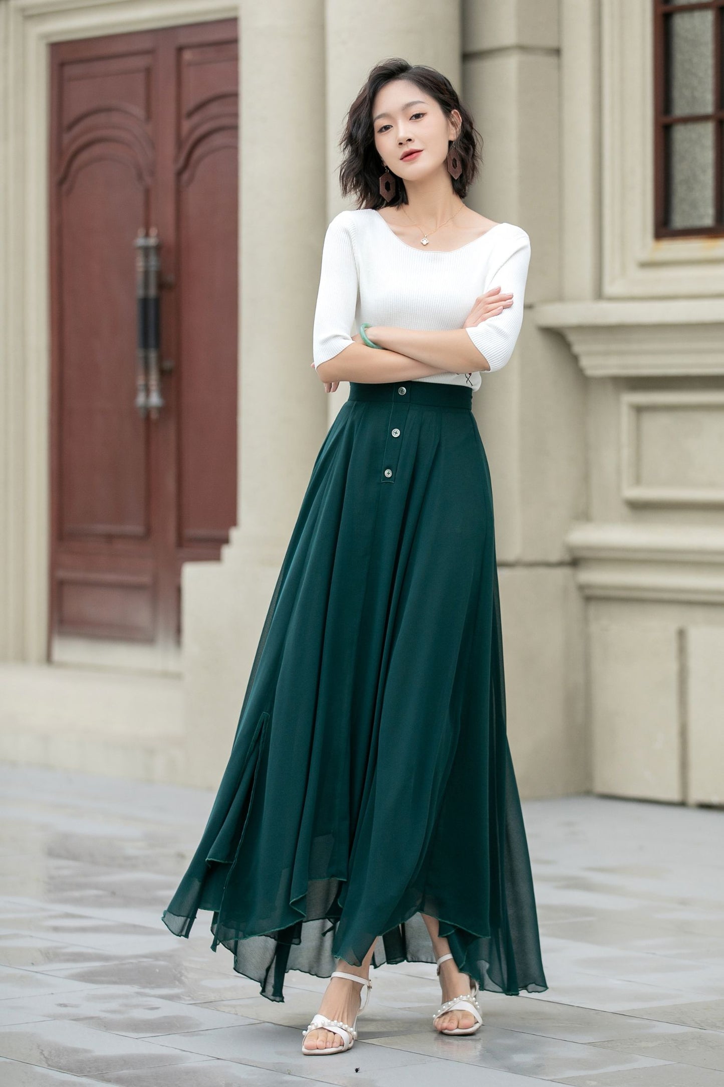 Maxi dark green summer chiffon skirt women 5220