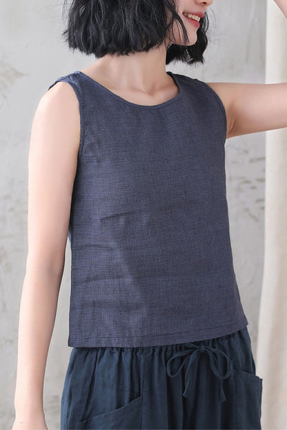 Blue Checked linen Tank Top 3338