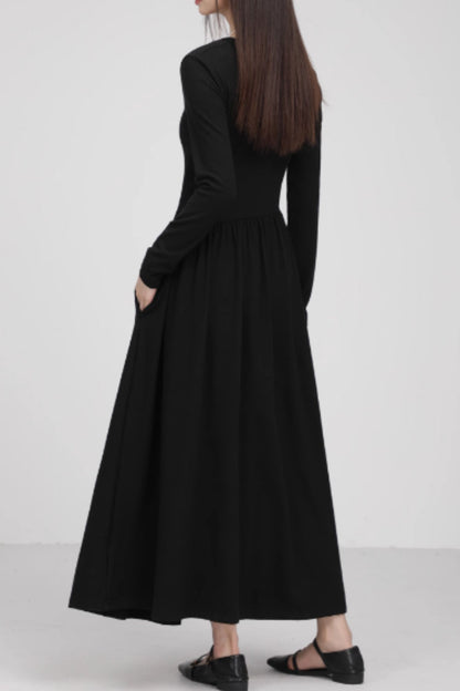 Black Wool Knit Dress - Asymmetrical Long Sleeves 5598