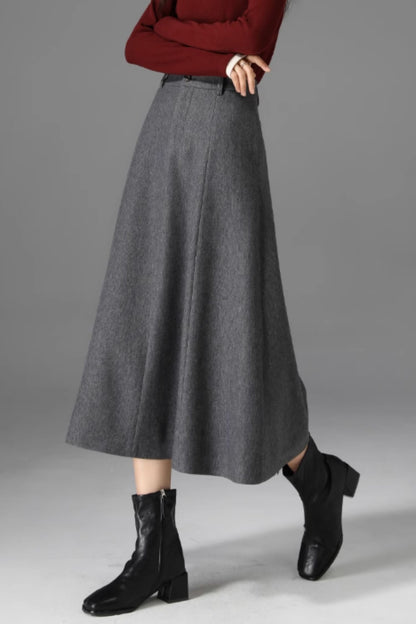 Gray Wool Midi Skirt - A-Line Silhouette with Pockets 5470