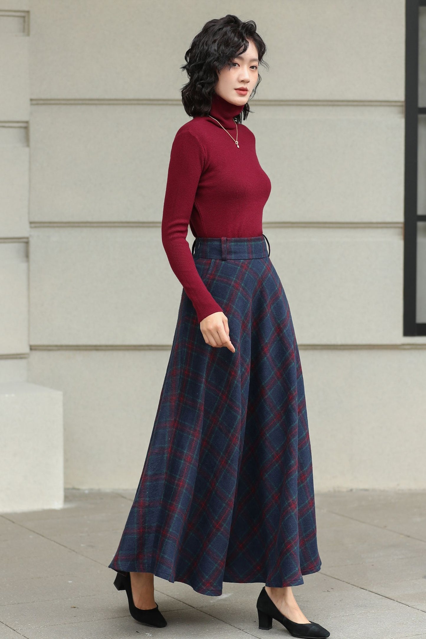 Handmade Charcoal Grey Plaid Wool Maxi Skirt – High Waist Winter Elegance | Xiaolizi 6426