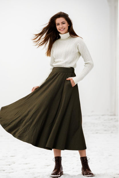 Army Green Wool Midi Skirt - Fit and Flare with Pockets 5186