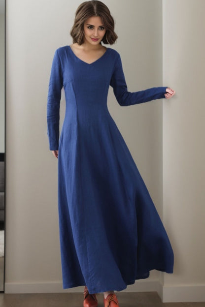 Blue Linen Maxi Dress - V-Neck A-Line Silhouette 5514