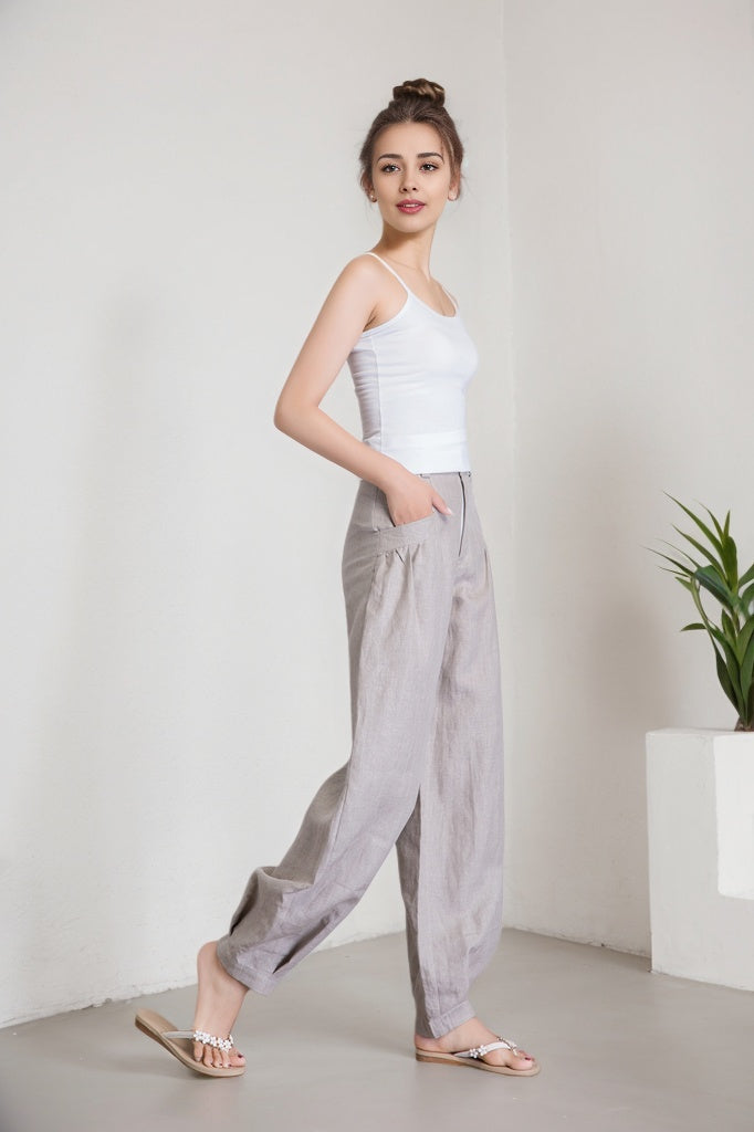 women's casual grey linen baggy pants 5916
