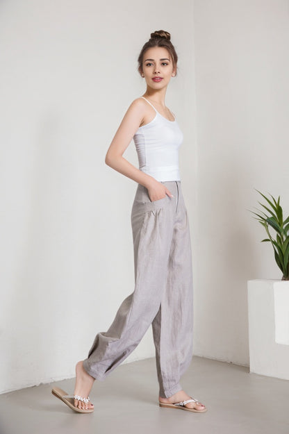 Grey Linen Cotton Baggy Pants - Relaxed Fit, Ankle Length 5916