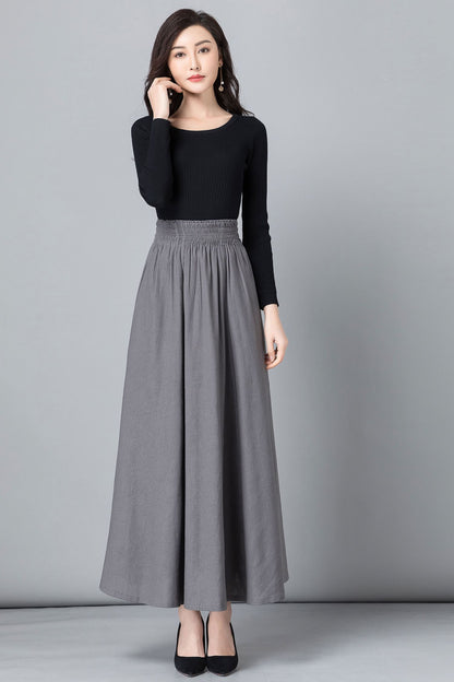 Gray Linen Cotton Maxi Skirt - High Waist Pleated Swing 2358